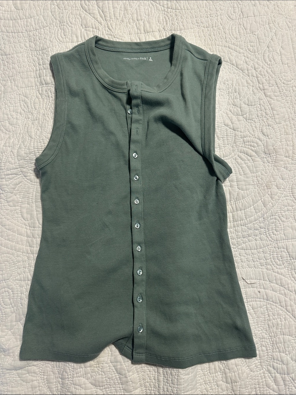 Abercrombie Sleeveless Button-Front Rib Tank Top - Sage Green- Small